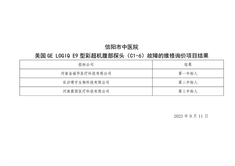 信陽市中醫(yī)院美國 GE LOGIQ E9型彩超機腹部探頭（C1-6）故障的維修詢價項目結果